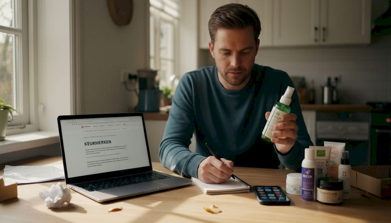 Man bekijkt het keurmerk op een cosmeticaproduct