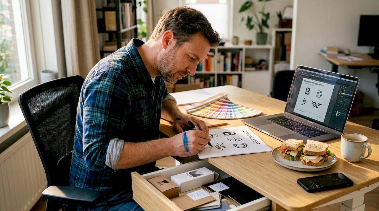 Een man zit thuis aan zijn bureau en werkt aan creatieve ideeën voor een nieuw merk.