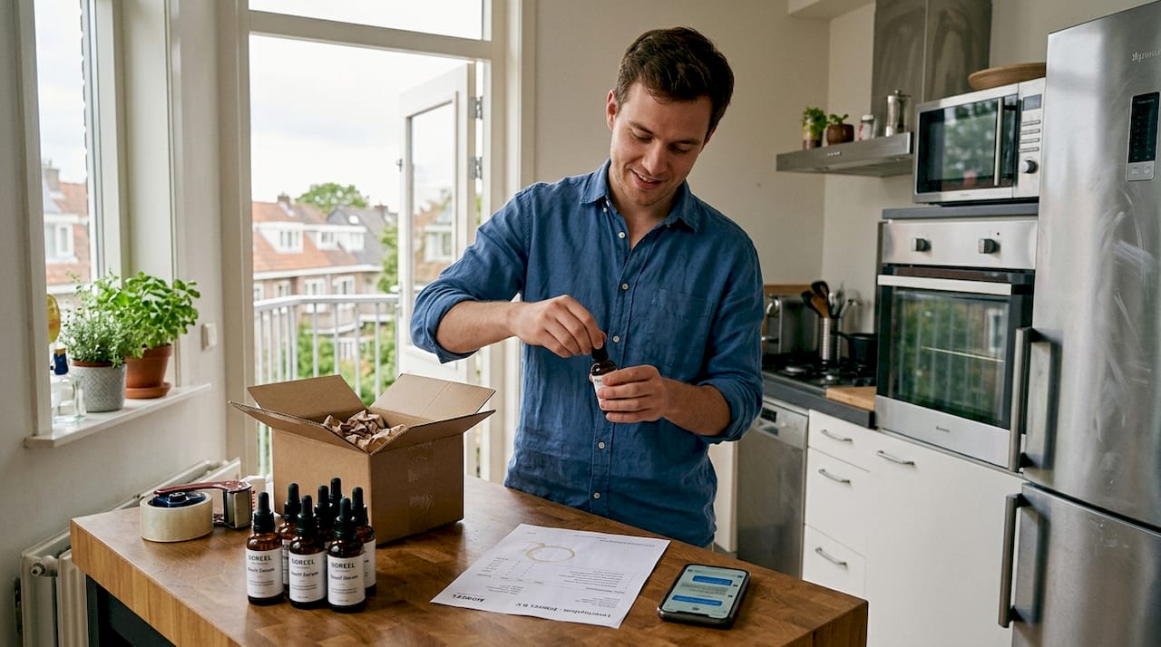 Een man zorgt ervoor dat flacons met cosmetica goed worden afgesloten en verzendklaar worden gemaakt.