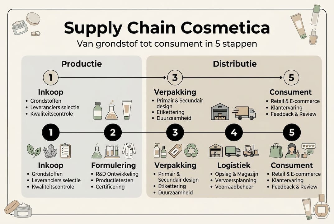 Overzichtelijke infographic met de belangrijkste stappen in de supply chain van cosmetica