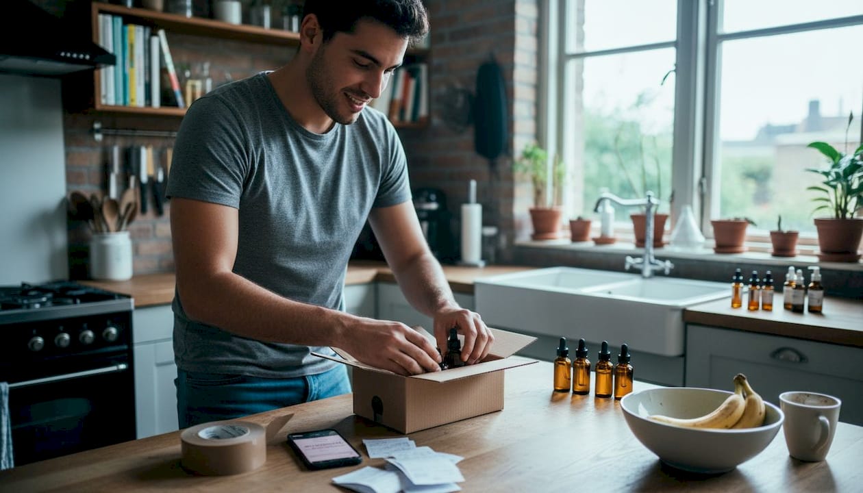 Een kleine ondernemer die zelf bestellingen inpakt van haar eigen beautyproducten.