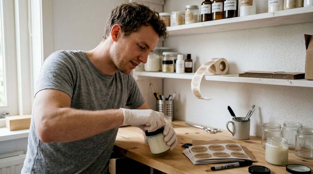 Man pakt producten van zijn gepersonaliseerde cosmeticalijn in