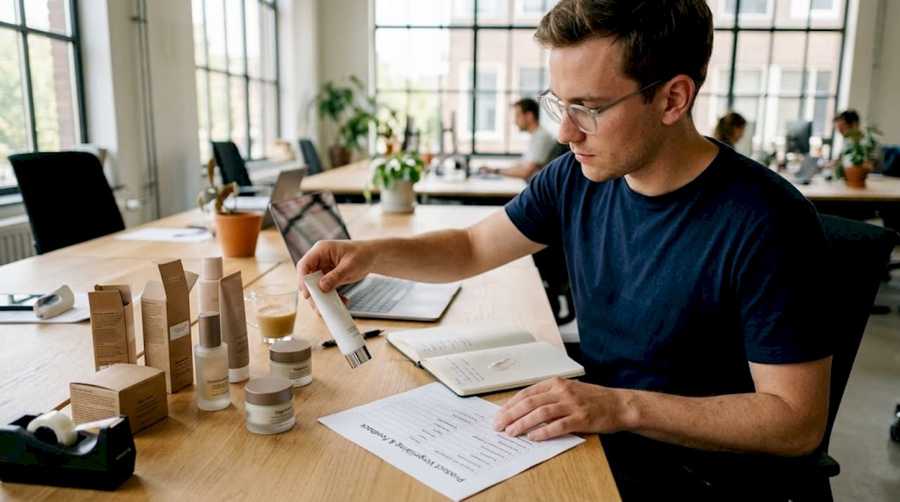 Een man bekijkt aandachtig cosmetica-verpakkingen in een gedeelde studio.