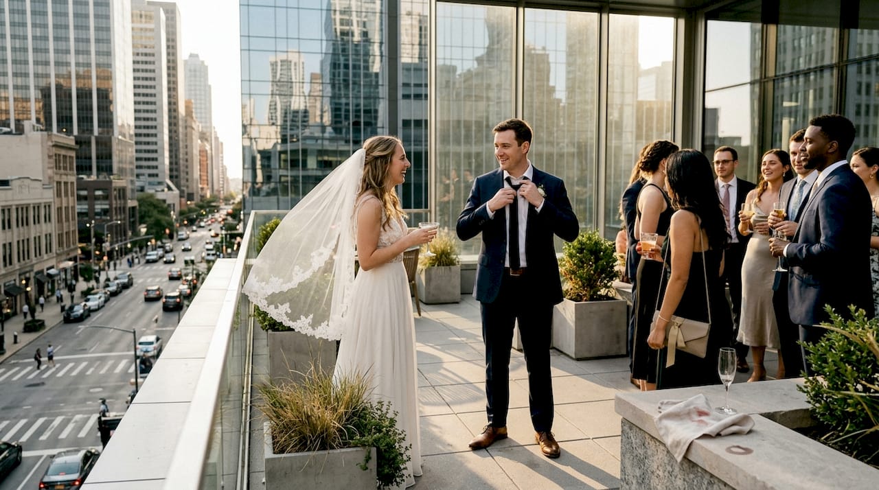 Urban wedding rooftop scene with couple and guests
