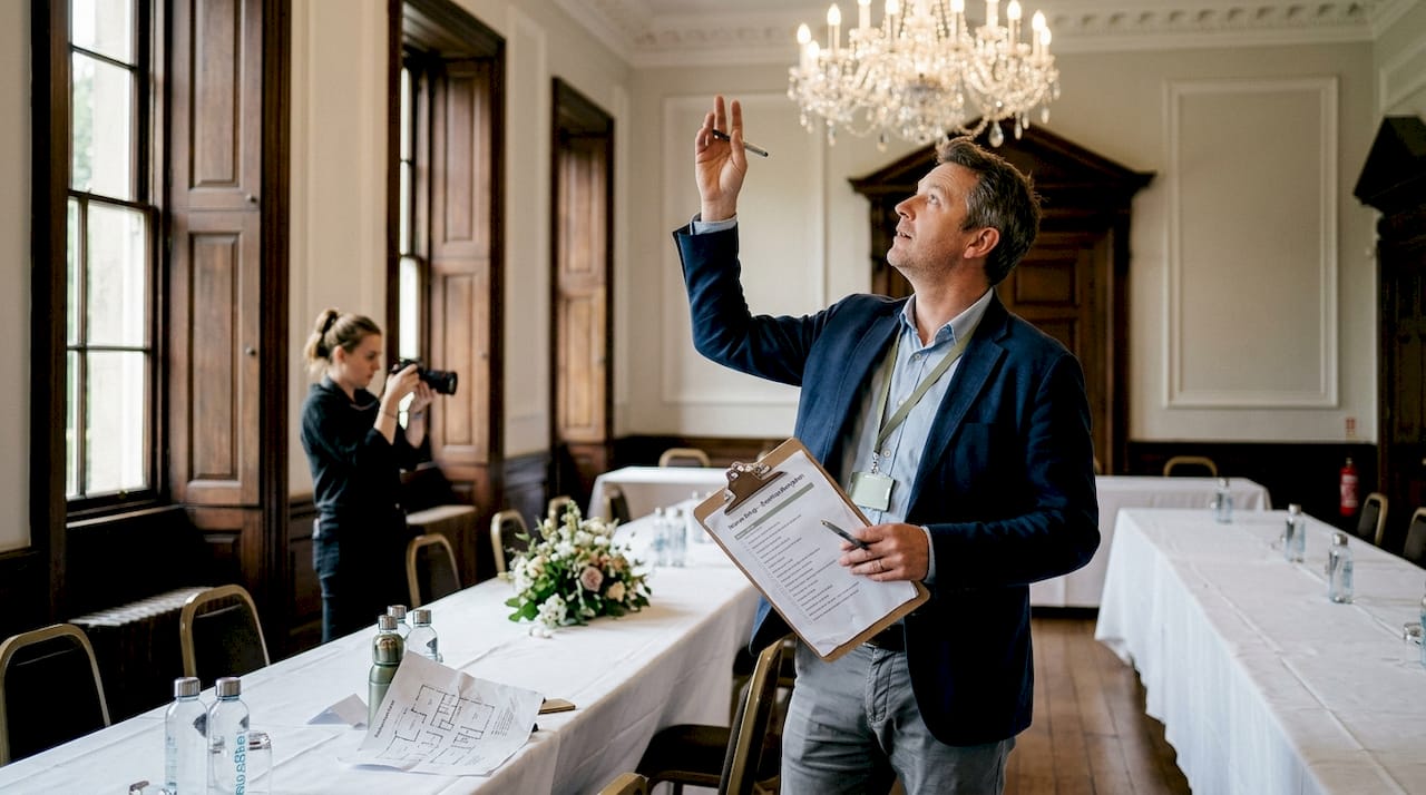Planner and photographer check UK wedding venue