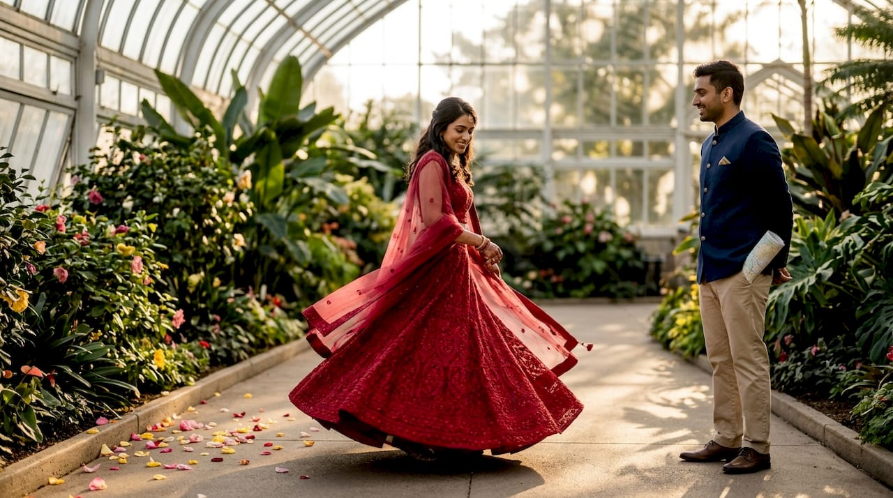 Bride in lehenga twirling in botanical garden