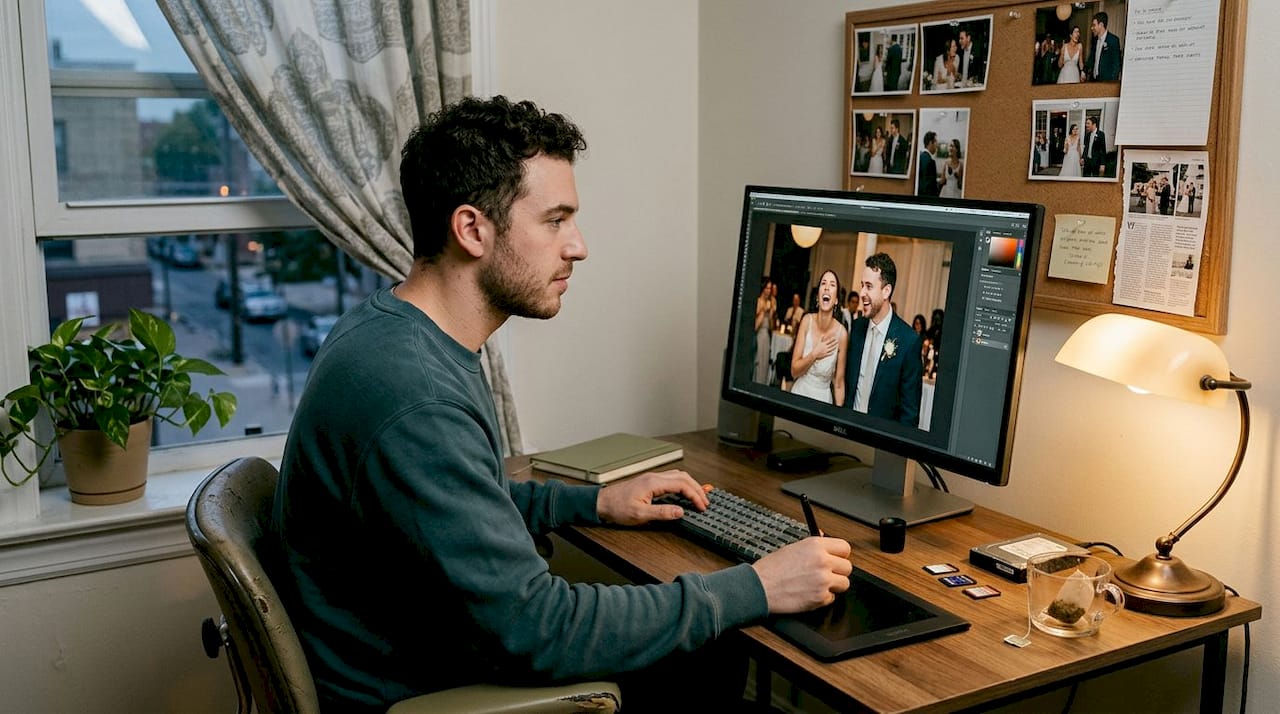 Photo editor reviewing wedding images in studio