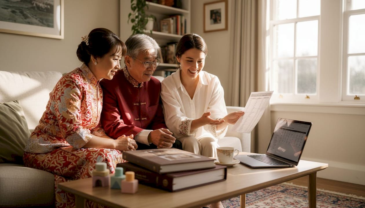 Photographer discussing wedding plans with family