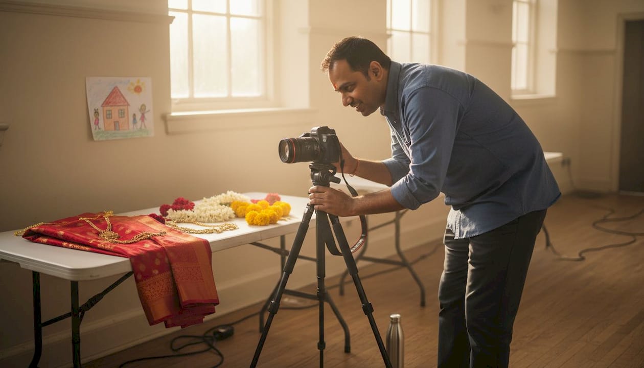 Photographer adjusts camera at wedding rehearsal