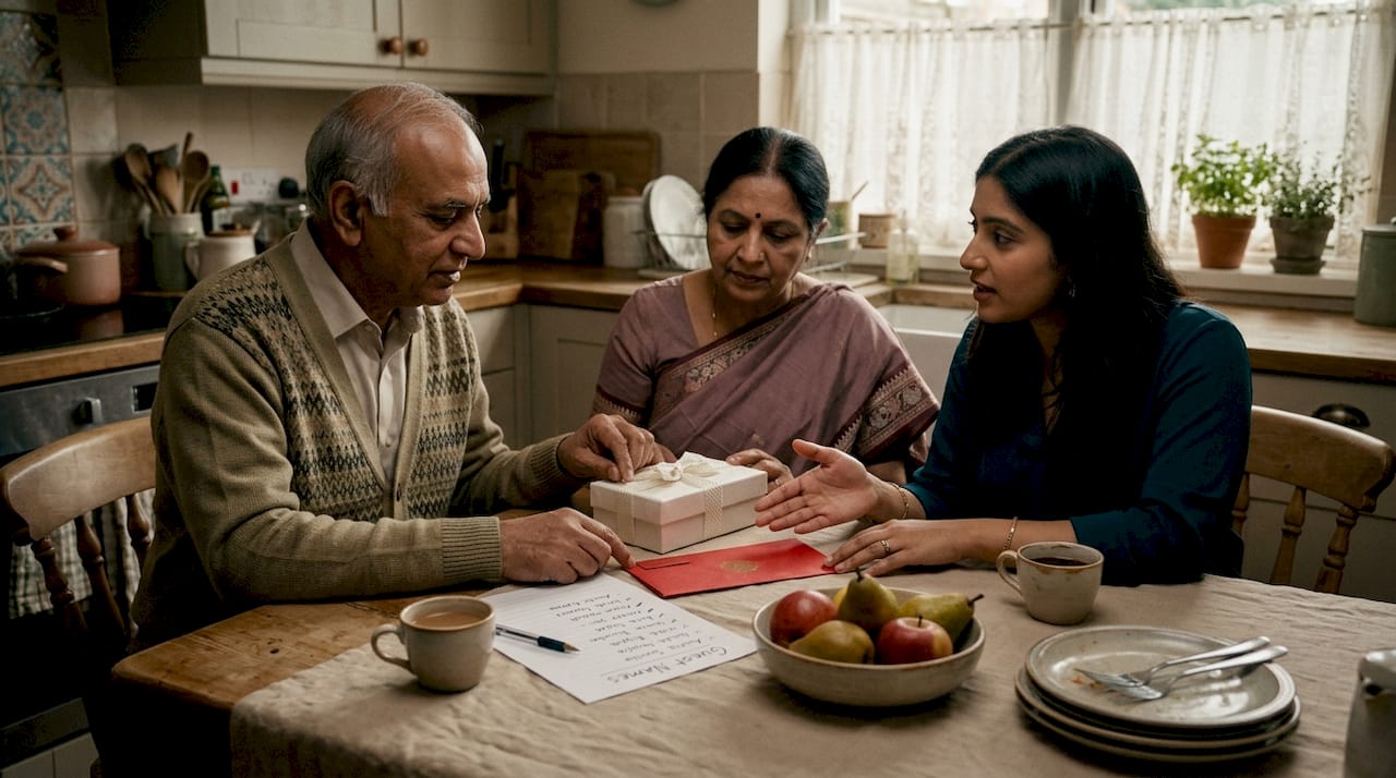 Family discussing Asian and Western gifts