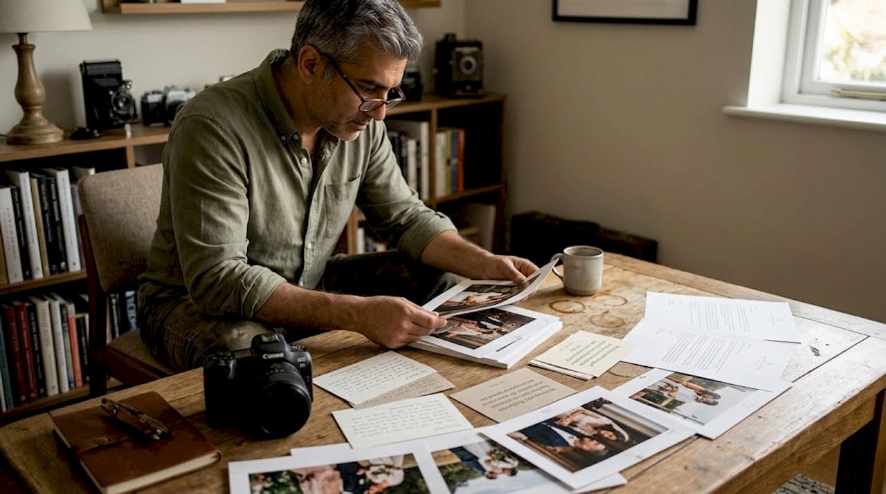 Photographer reading printed client testimonial letters