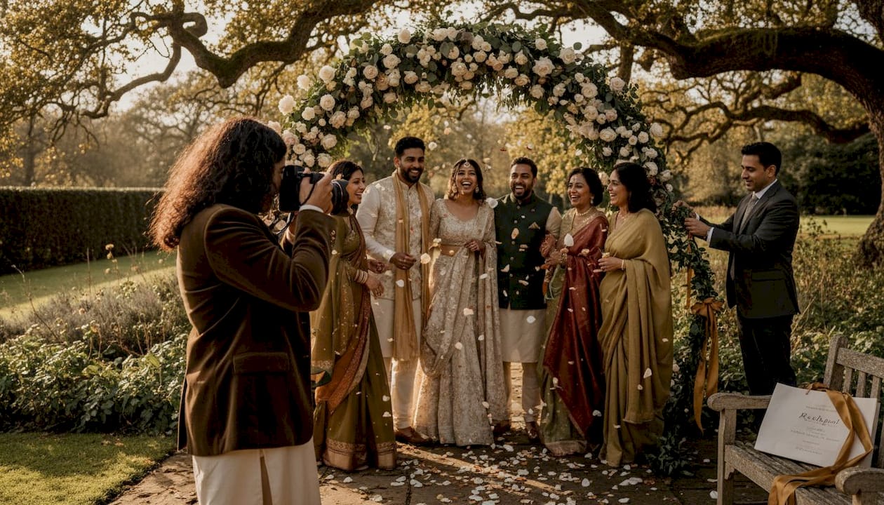 Photographer capturing candid wedding garden moment