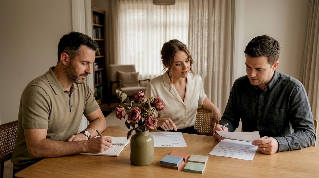 Photographer and couple discussing planning at home