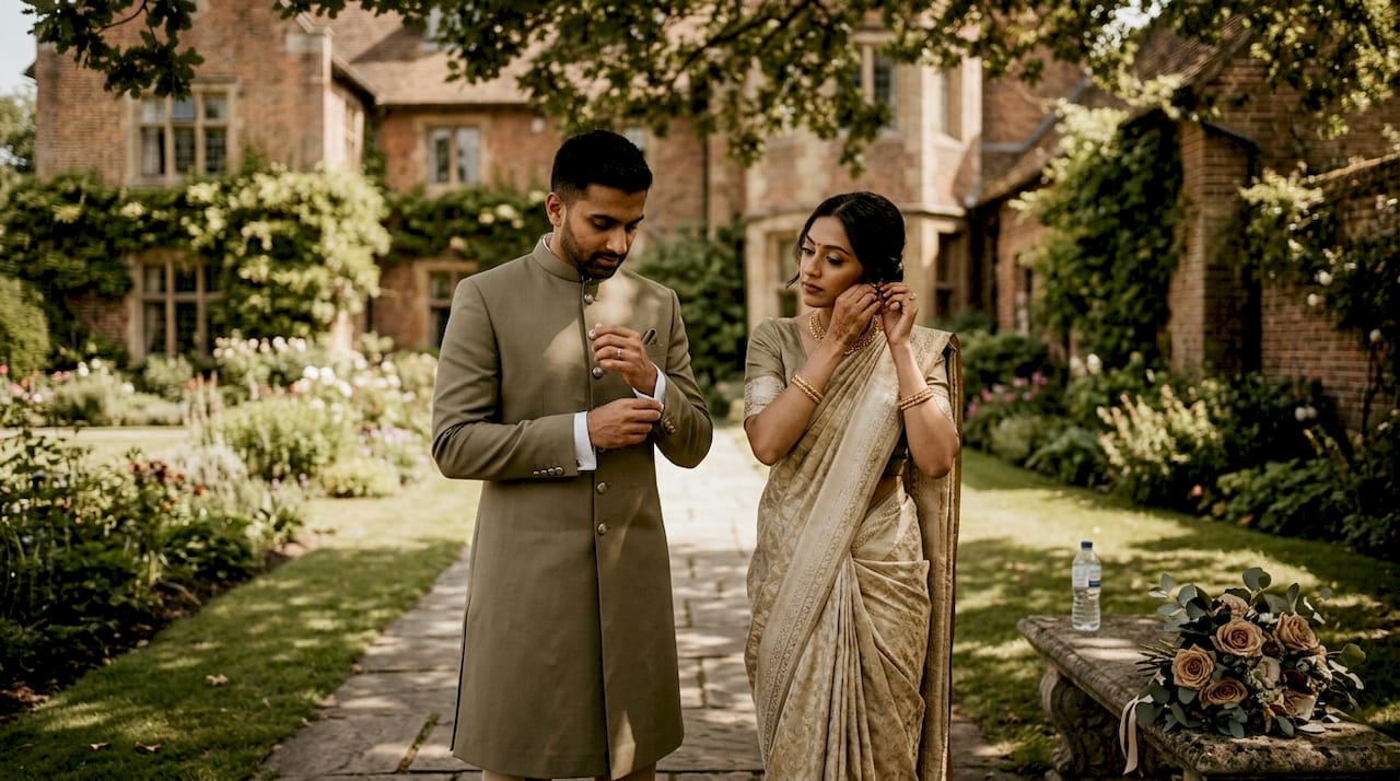 Couple preparing for outdoor wedding photos