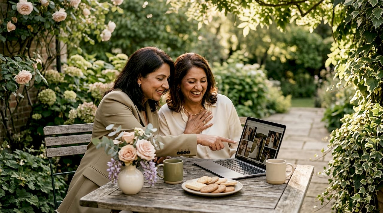 Family sharing wedding highlight photos at kitchen table