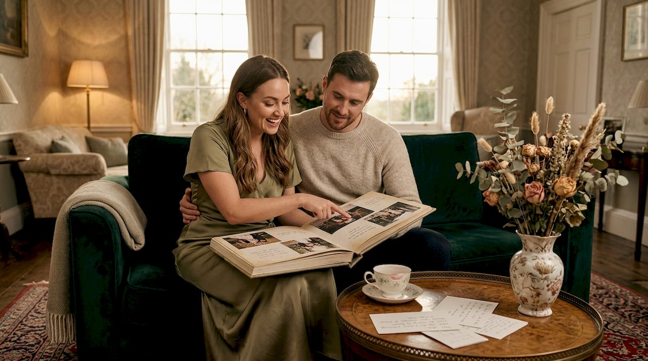Couple reminiscing with wedding album
