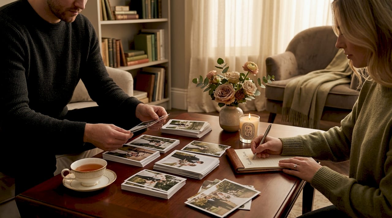 Couple sorting photos for wedding album