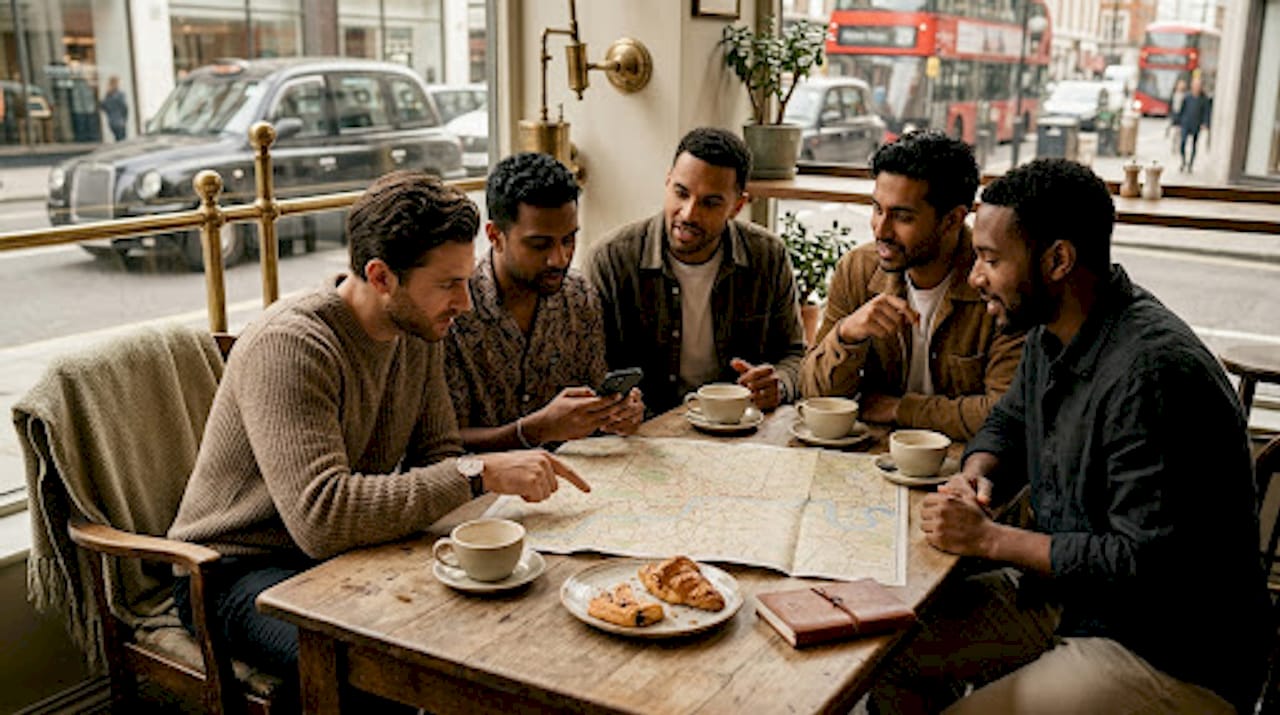 Group discussing stag destinations in pub