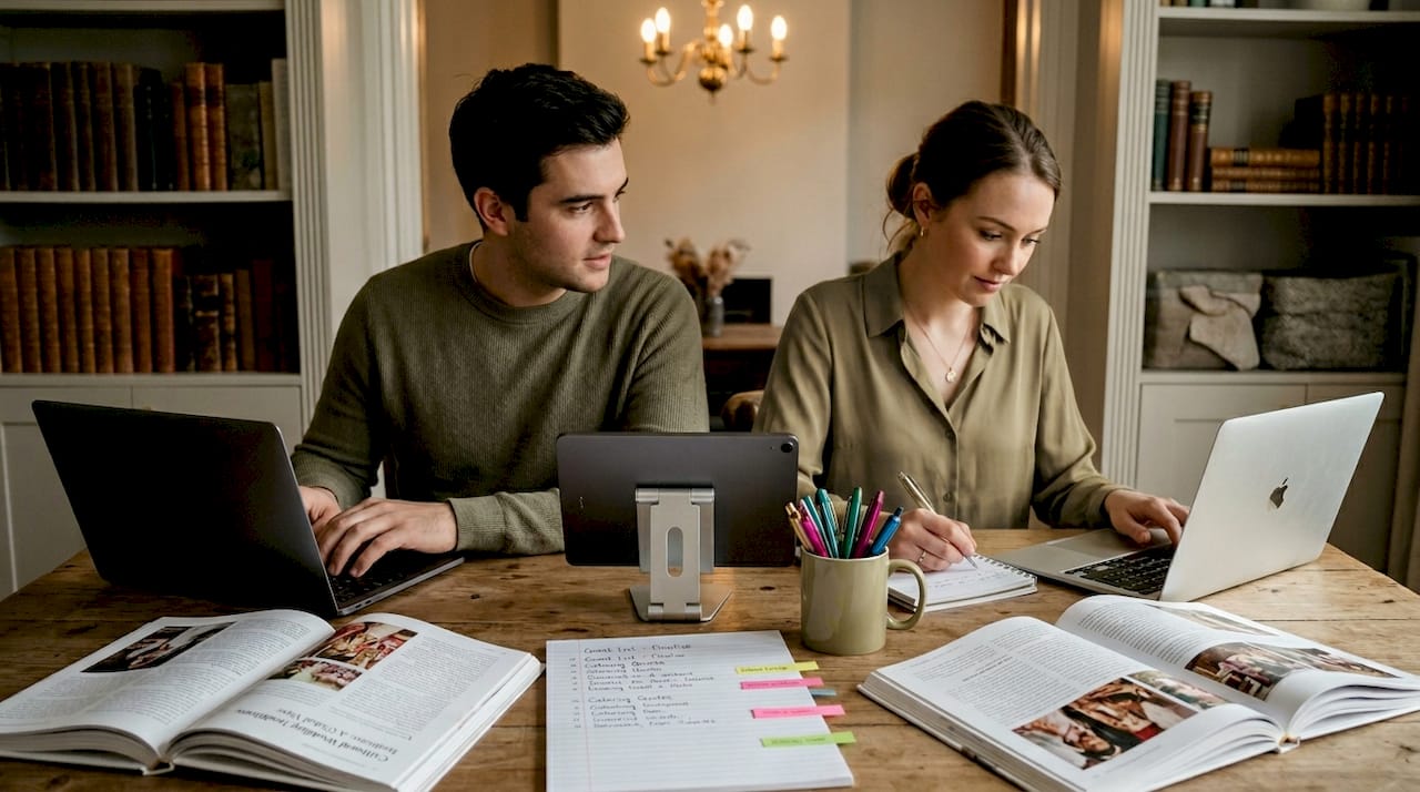 Couple prepares wedding documentation at home table