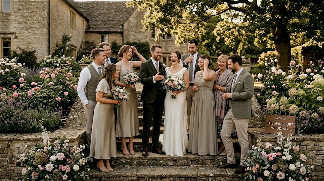 Wedding group adjusting pose during photo