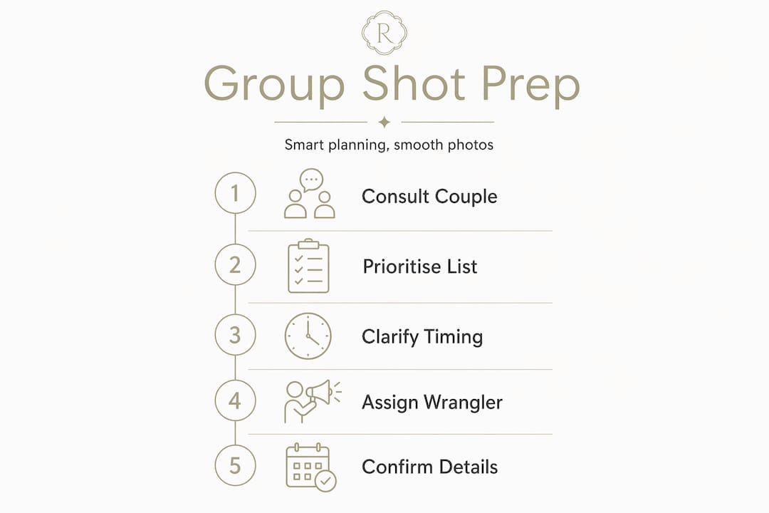 Infographic showing steps for wedding group shot planning