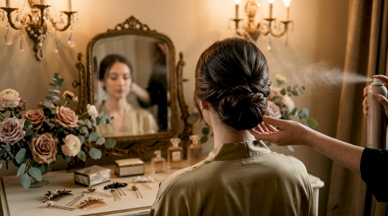 Close-up of bridal updo hairstyle with stylist's hand