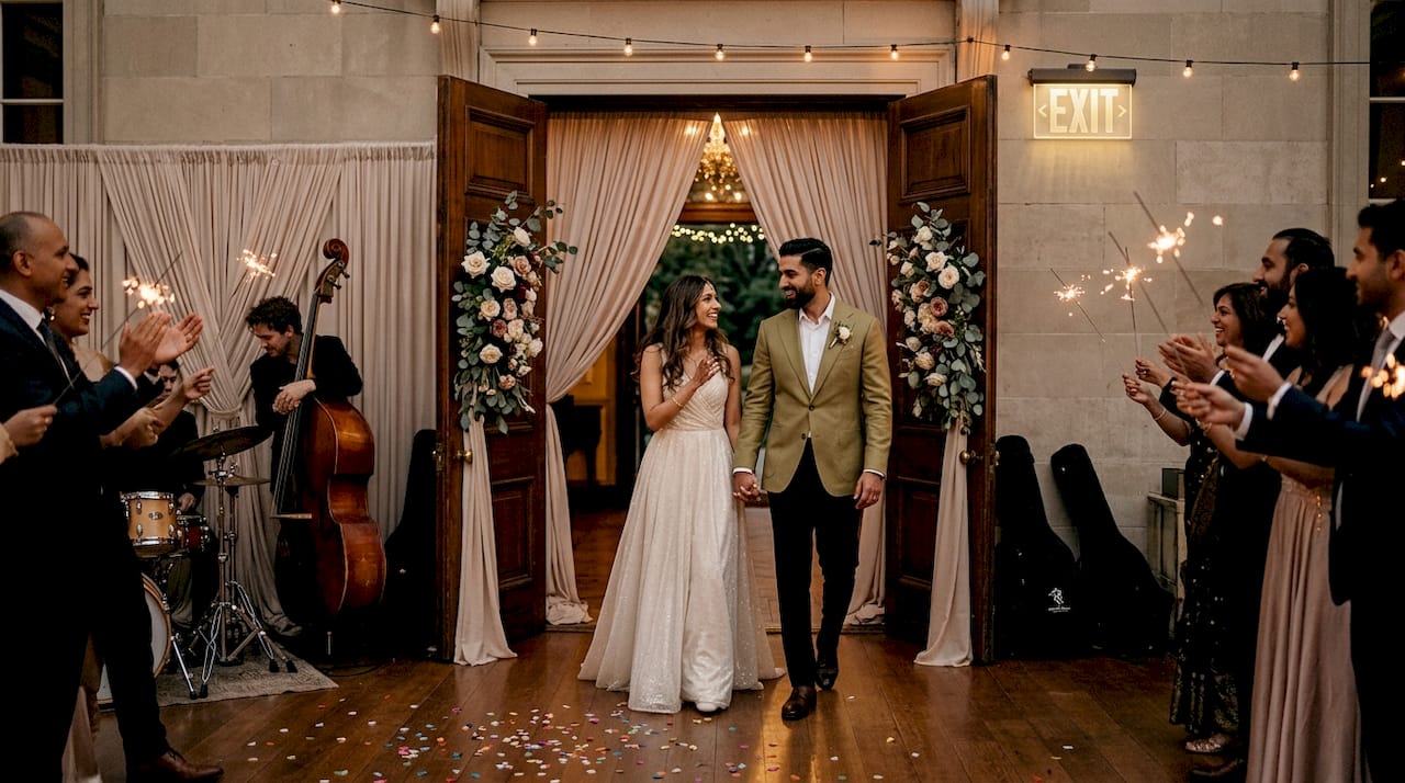 Wedding couple exit amid sparklers and cheers