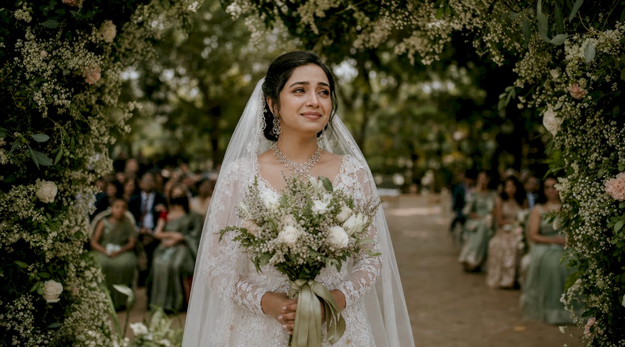 Bride emotional candid moment with bouquet indoors