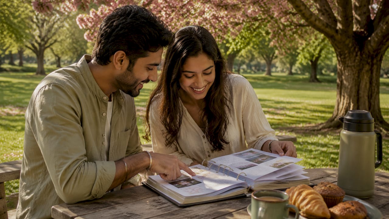 Couple reviewing wedding planning binder in café