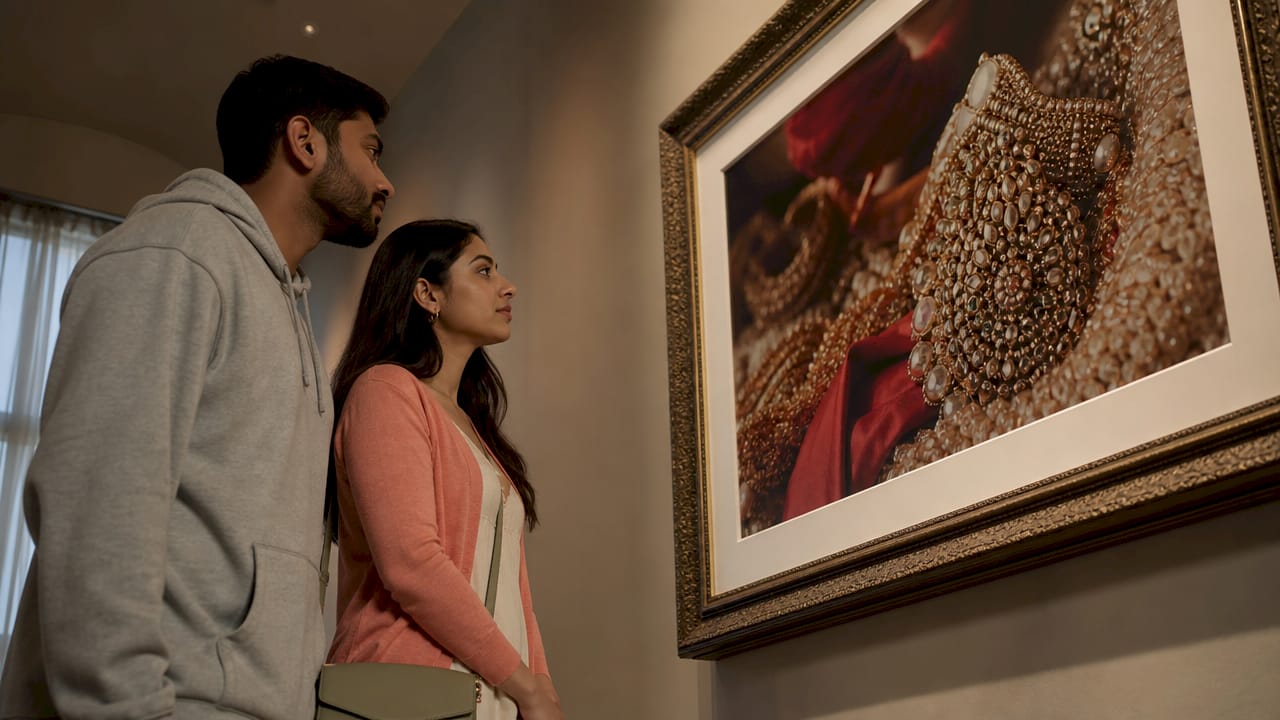 Couple viewing wedding photography exhibition in gallery