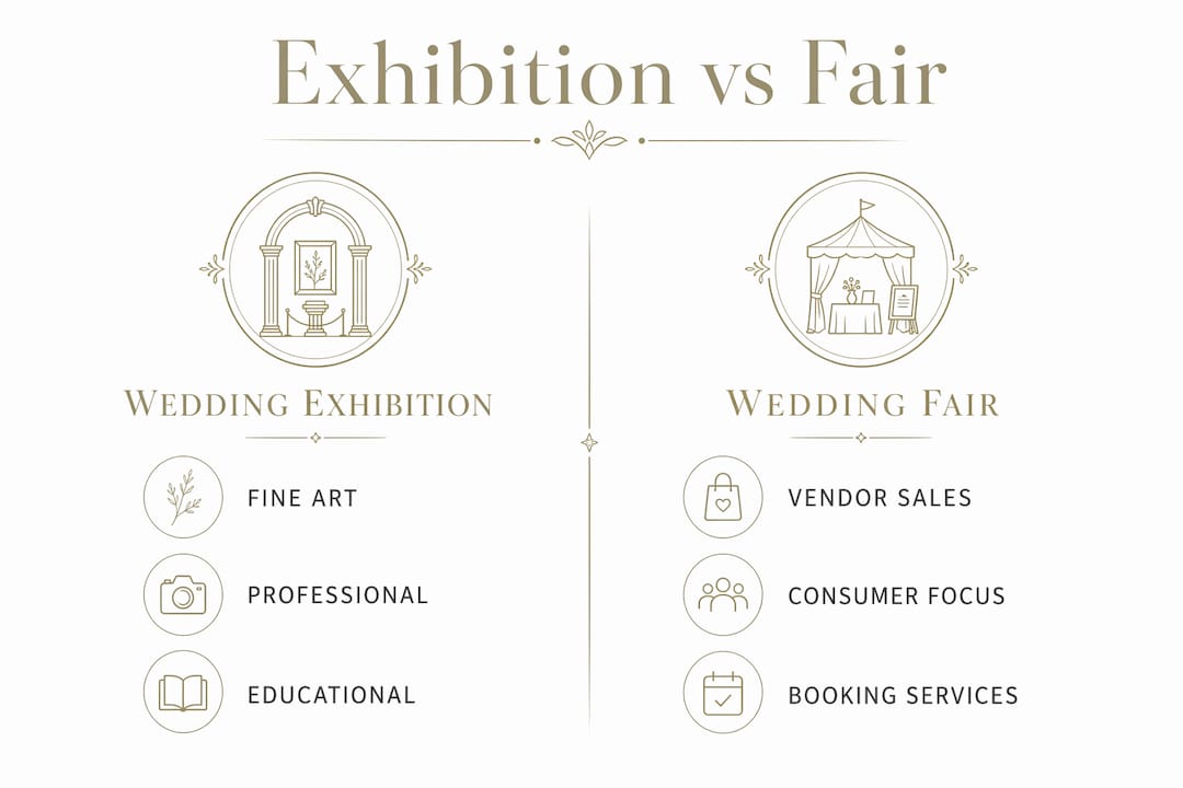 Infographic comparing wedding photo exhibitions and wedding fairs