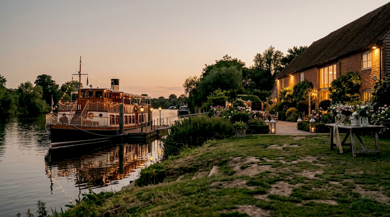 Floating and land-based wedding venues on Thames at sunset