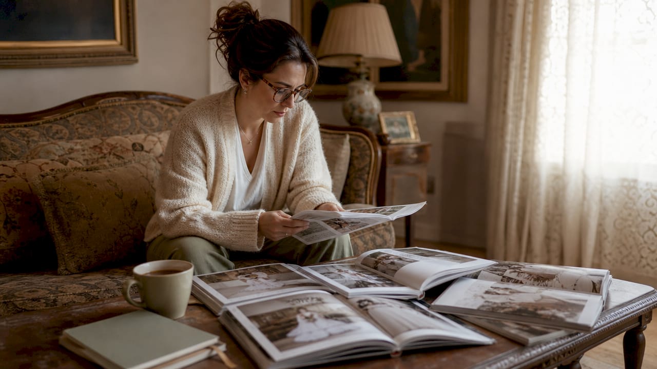 Woman reviewing UK bridal magazines at cottage table