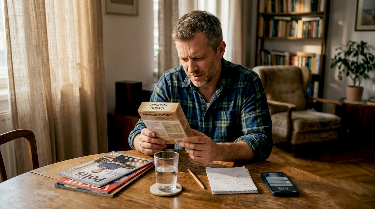 Odrasla osoba pažljivo proučava kutiju sa prirodnim suplementom.