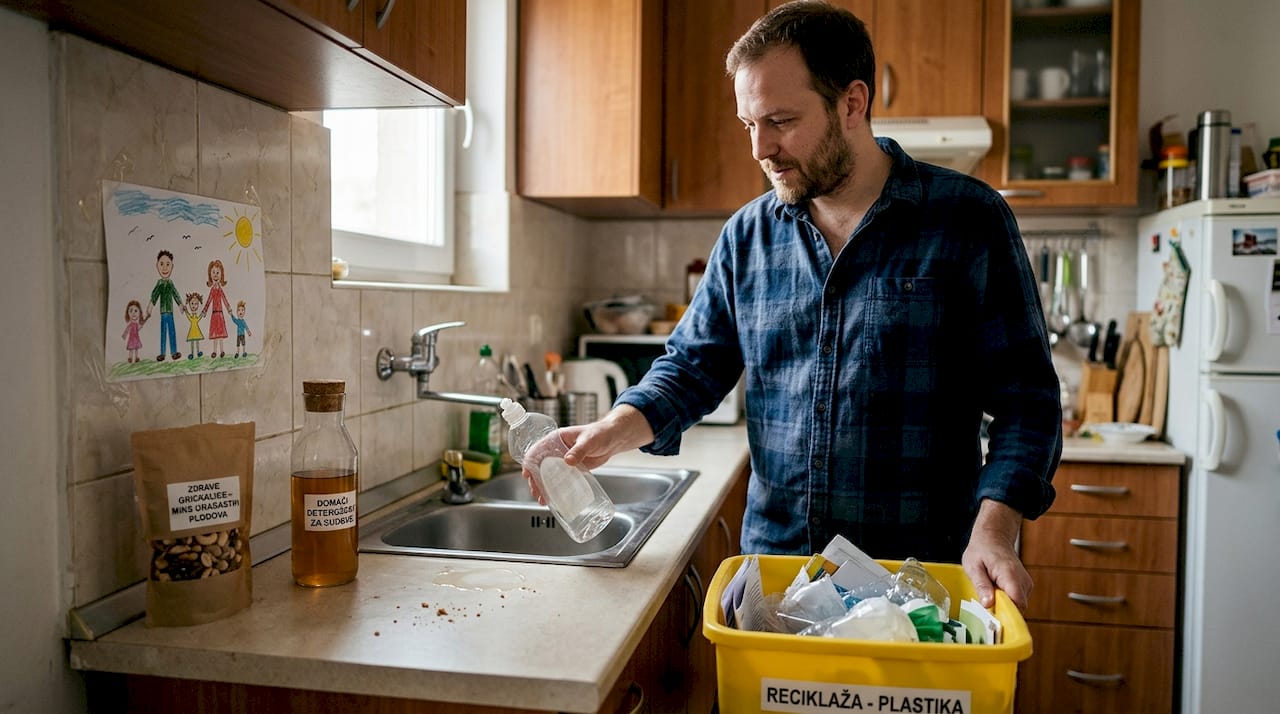 Tata ponovo koristi praznu flašu od prirodnog soka.