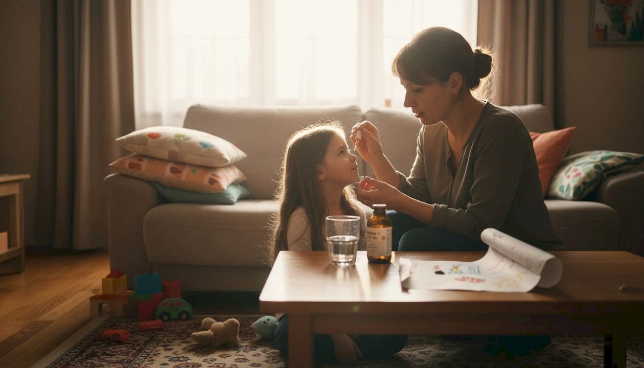 Mama daje devojčici vitaminske kapi dok sede zajedno u dnevnoj sobi.