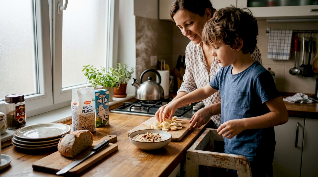 Mama i sin zajedno prave doručak u kuhinji.