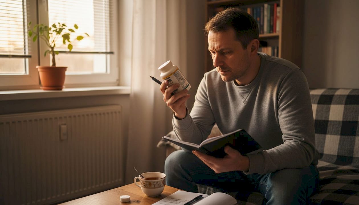 Muškarac u dnevnoj sobi pažljivo čita deklaraciju na bočici suplemenata, proverava sastav i razmišlja da li mu odgovara.