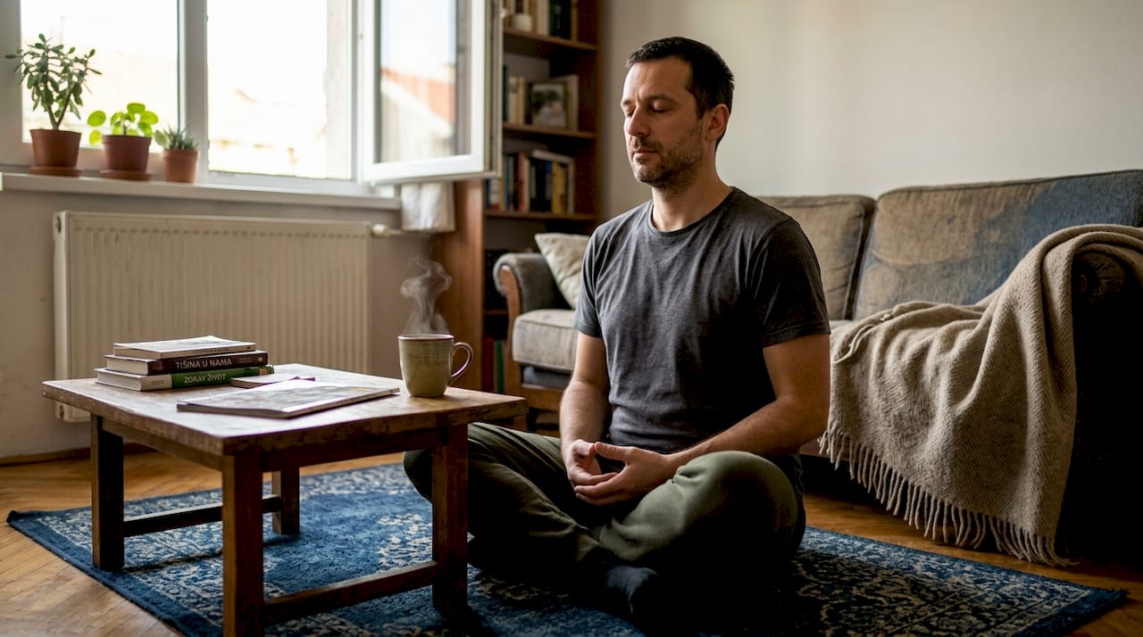Muškarac sedi u udobnoj sobi, opušta se uz šolju biljnog čaja i meditira.