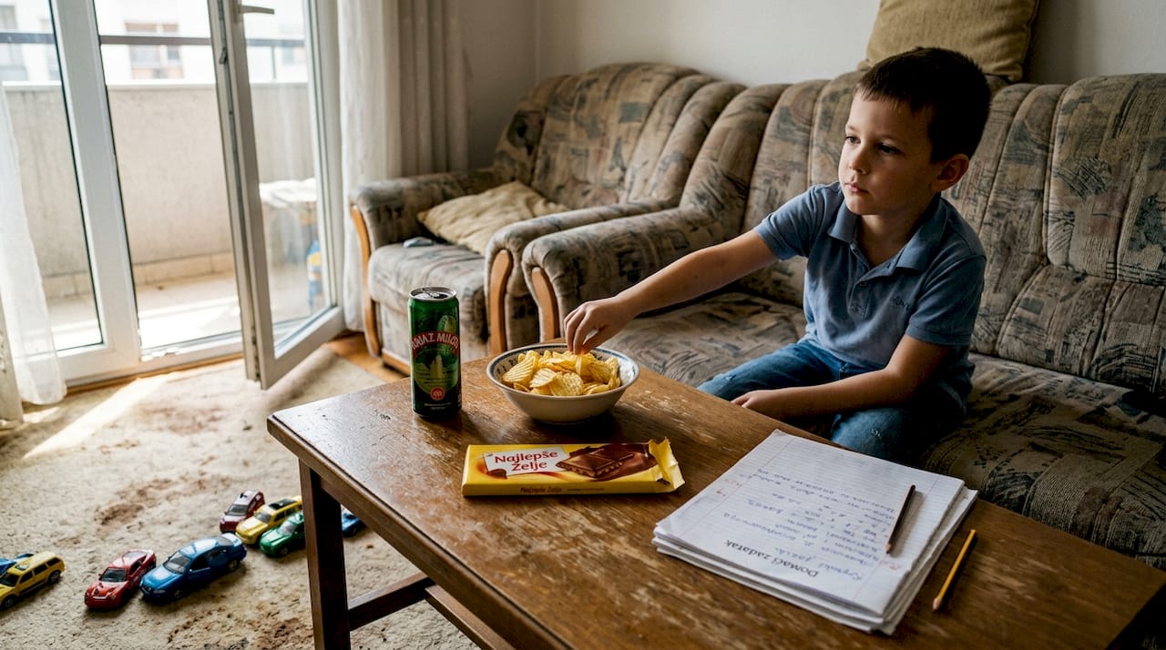 Dete sedi u dnevnoj sobi i gricka grickalice iz kese.