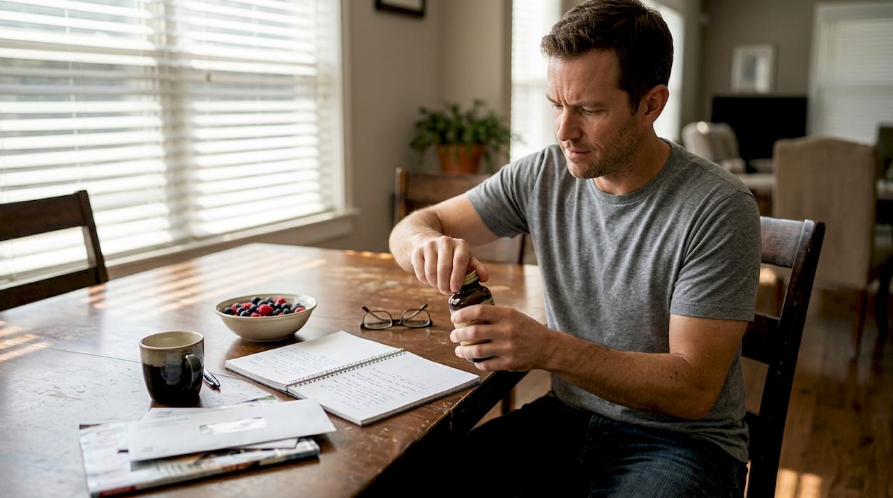 Muškarac za stolom proverava koliko suplemenata treba da uzme.