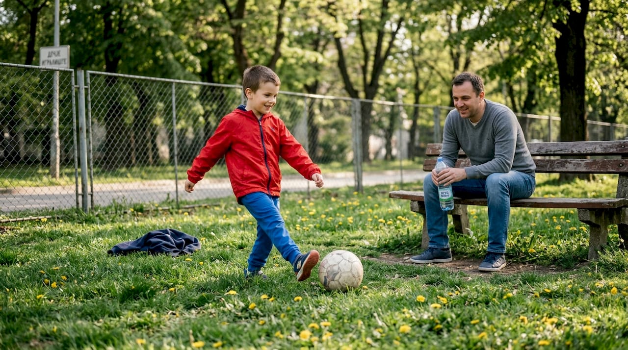 Dečak razigrano šutira loptu na zelenoj travi gradskog parka dok ga obasjava toplo sunce.