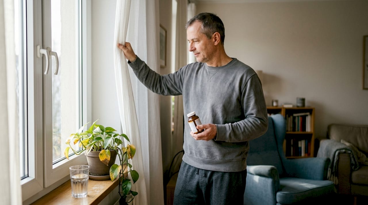 Muškarac stoji pored prozora obasjanog suncem i u ruci drži bočicu vitamina D.