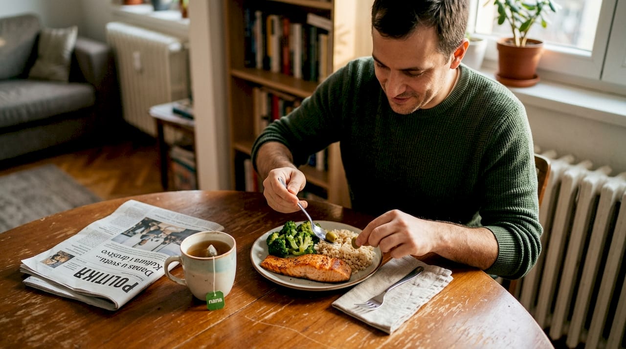 Na stolu je ukusno i uravnoteženo domaće jelo, spremno za porodični ručak.