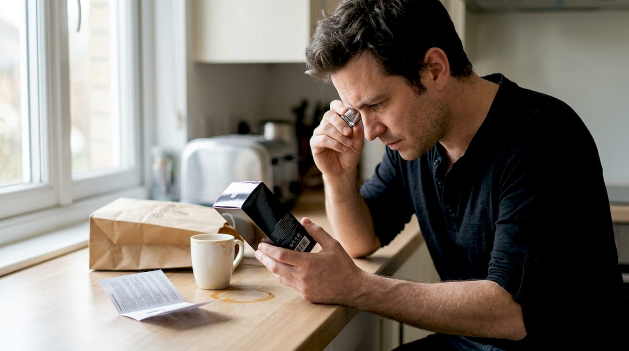 Man closely checking perfume box packaging authenticity
