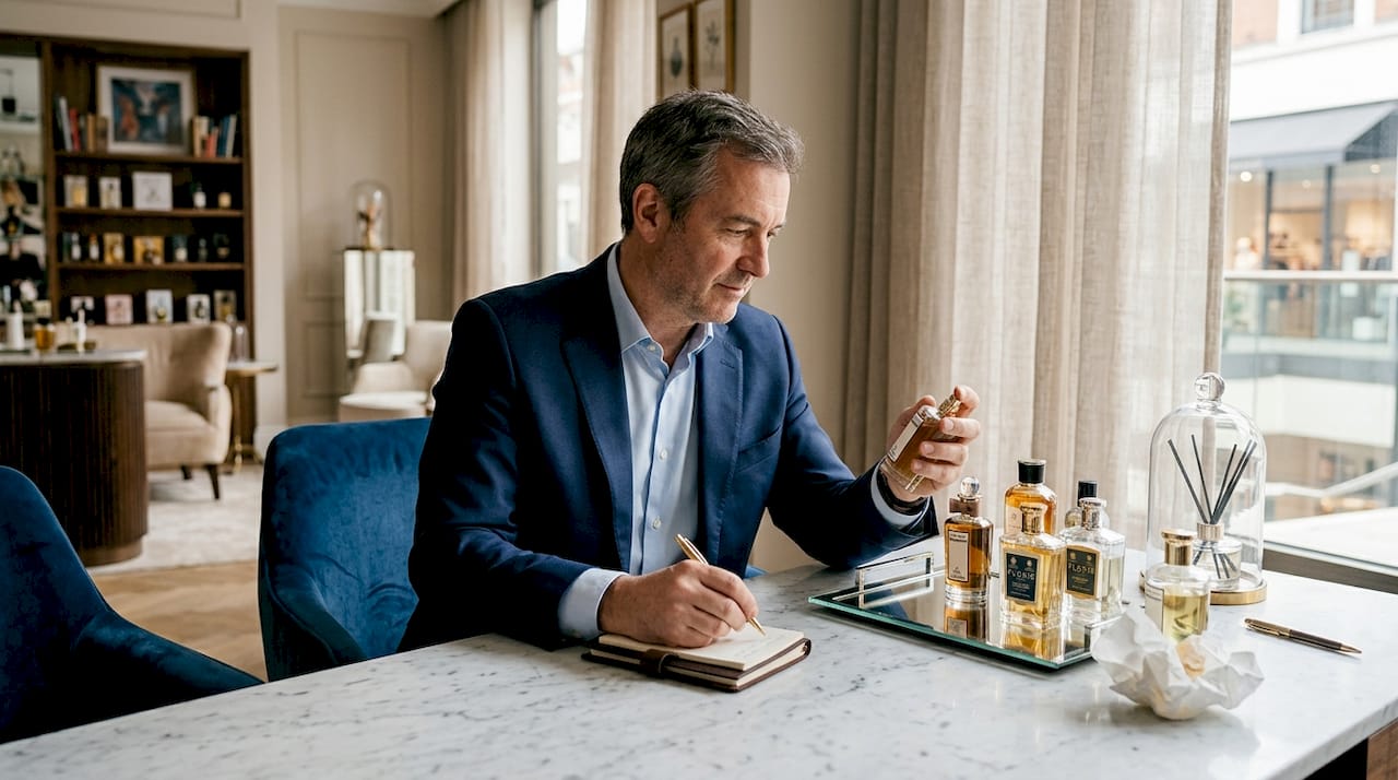 Man evaluating luxury perfumes in boutique