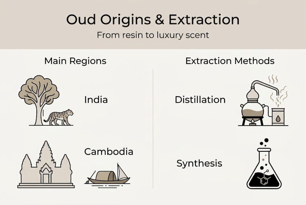 Infographic on oud origins and extraction methods