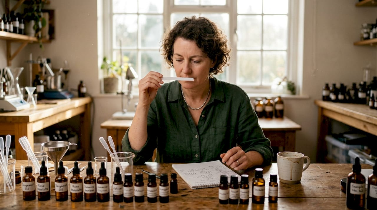 Perfumer testing oud fragrance at workspace