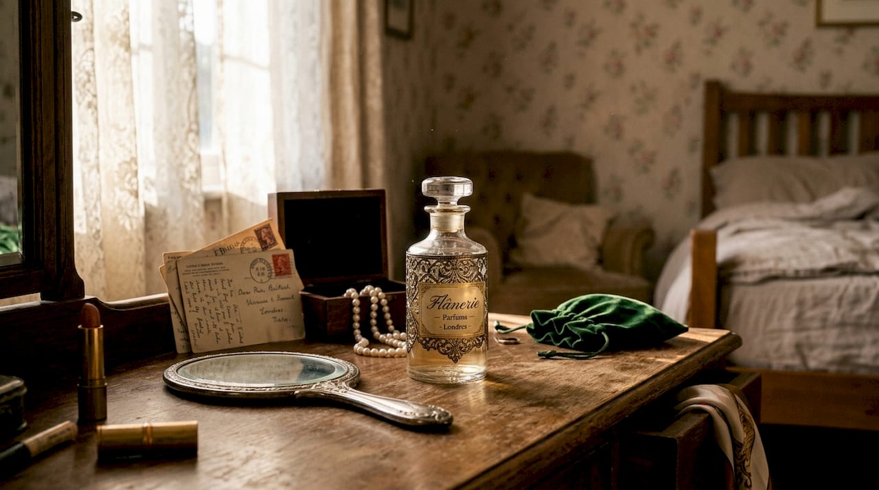 Elegant perfume bottle on vintage vanity
