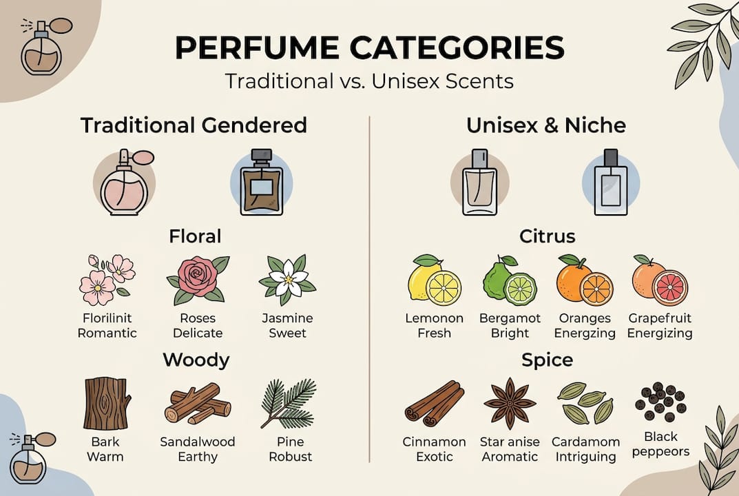 Infographic showing gendered and unisex scent categories